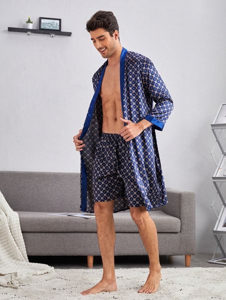 

men damask print belted satin robe & shorts pj set u964#, Black;brown