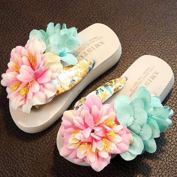 

slipper girl flip flop child slippers women flops mid heel seaside holiday tide shoes sandals flowers beach woman s506, Black;grey