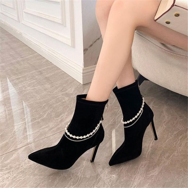 

boots pxelena celebrity lady string beads crystal chain women ankle stiletto high heels party dress date show shoes 2022 fall 41, Black