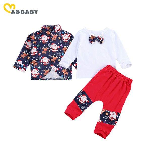 MaBaby 0-3Y Weihnachten Kleinkind Kleinkind Baby Jungen Kleidung Set Cartoon Santa Mantel Bogen T-shirt Hosen Weihnachten Outfits junge Gentleman Anzug 210226