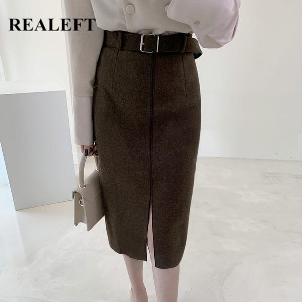 

realeft 2021 new autumn winter woolen women wrap skirt with belt fashionable office ladies high waist split elegant midi skirts, Black