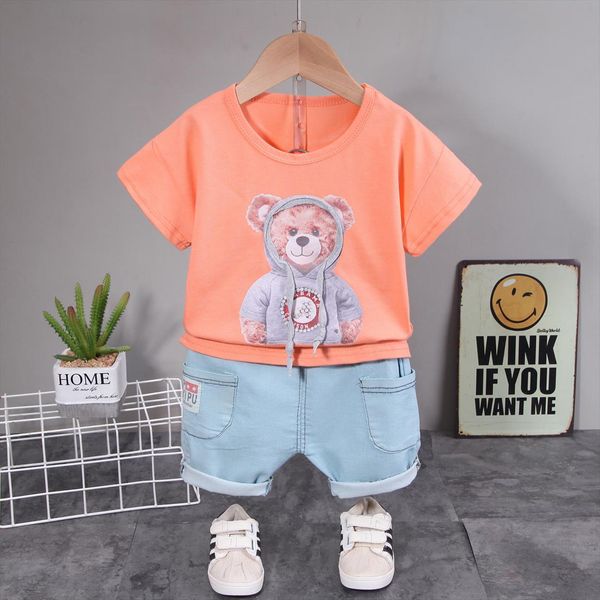 

summer baby boys korean fashion clothing sets toddler girls doll bear t shirt denim shorts kids outfit infant boy clothes, White