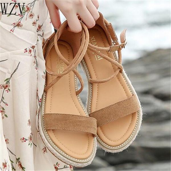 

fashion summer shoes woman women faux suede sandals flat sandals rope lace up gladiator non-slip beach chaussures femme, Black