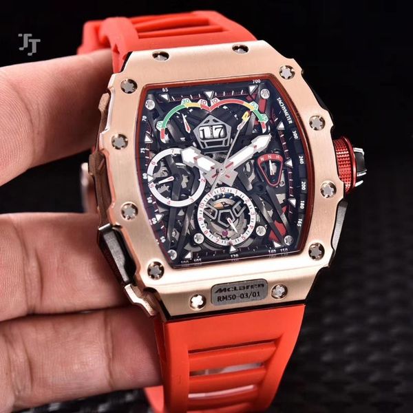 

wristwatches black red rubber men watch sapphire automatic mechanical silver rose gold date flyback 904l stainless steel, Slivery;brown