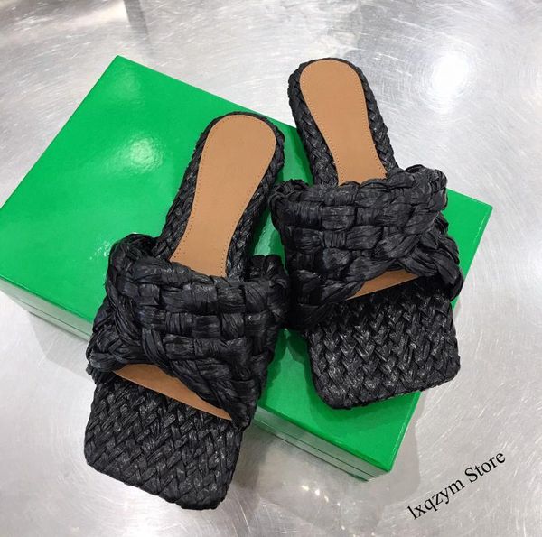 

slippers 2021 summer braided crocheting lafite grass square toe woman flat heels sandals ladies brand mules, Black