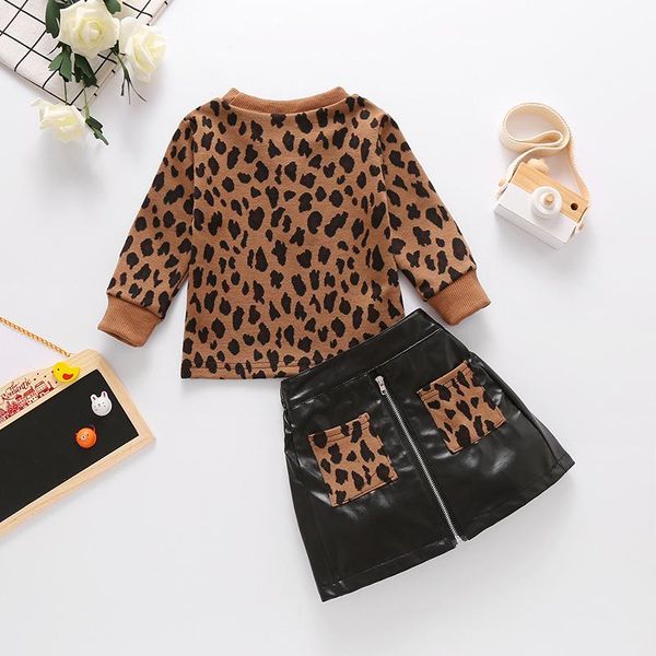 

clothing sets 1-5years auutmn toddler kids baby girls clothes leopard print pullover sweatshirts sweater+zipper pu leather skirts warm outfi, White