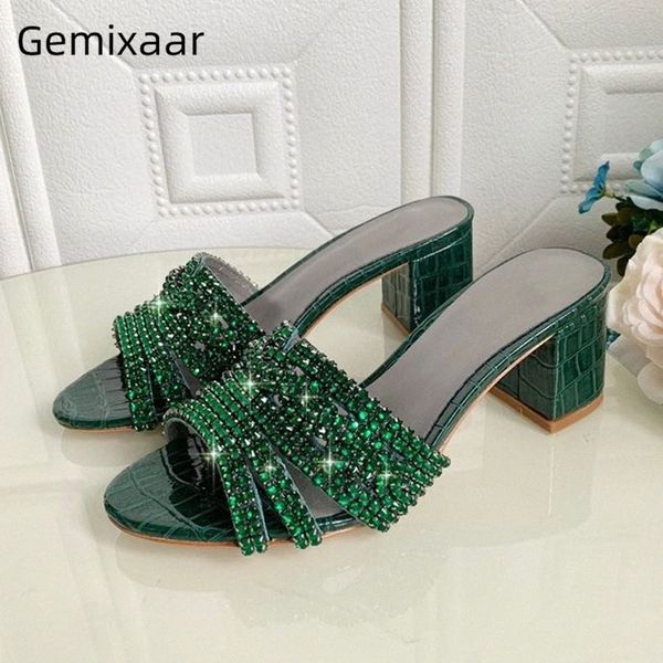 

chic summer crystal rhinestone runway shoes woman med heel open toes genuine leather stone grain fretwork slippers women w0mz#, Black