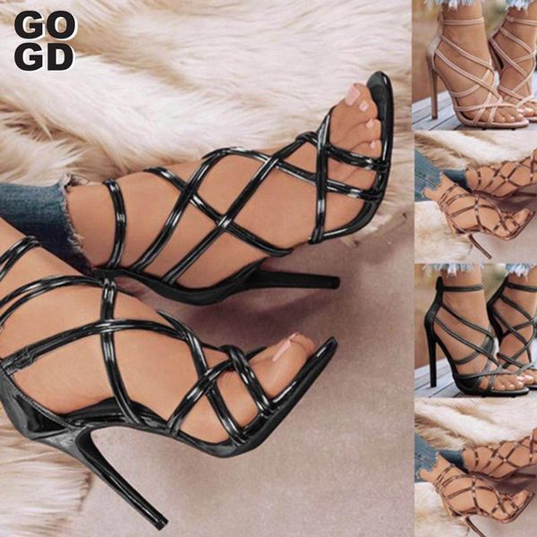 

sandals [gogd]shoes2021 fashionista women's shoe fish mouth hollow cross straps high heel sandal 43 plus size, Black