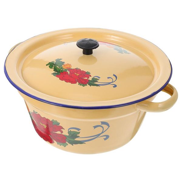 

bowls 1pc retro style lard basin vintage enamel bowl oil pot with cover (yellow)