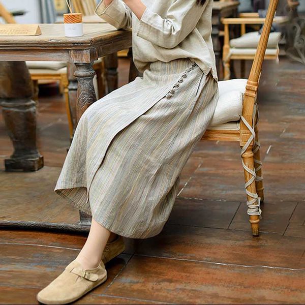 

fresh hit color stripe linen skirts womens vintage button design a-line jupe elegant fashion female bottoms spring 210525, Black