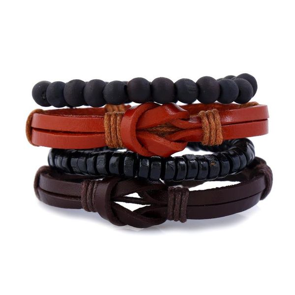 

charm bracelets 4pcs/set punk black brown braiding leather band lucky knot navy blue wood beads multilayers bangles man jewelry, Golden;silver