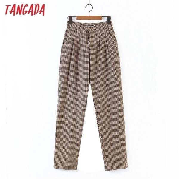

tangada winter fashion women plaid pattern wool suit pants trousers pockets buttons casual pants pantalon dz03 211216, Black;white