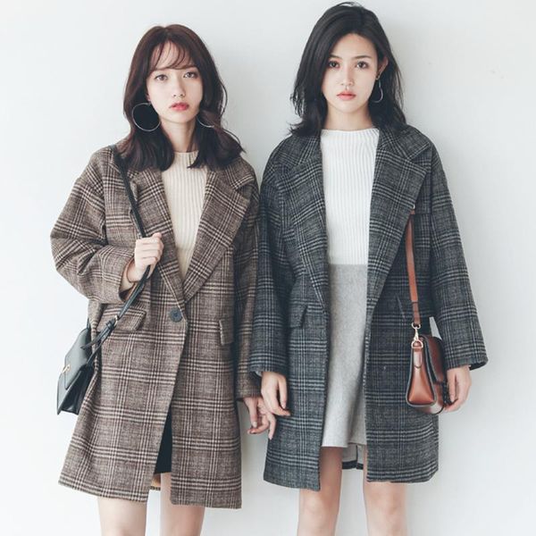 

women's wool & blends vintage british preppy style tailored collar oversized over coat ladies autumn winter jacket plaid woolen long wo, Black