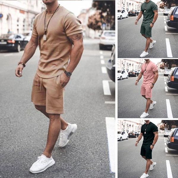 

men's tracksuits 2 pieces suit set, male solid color round neck short sleeve t-shirt+ shorts with pocket, Gray