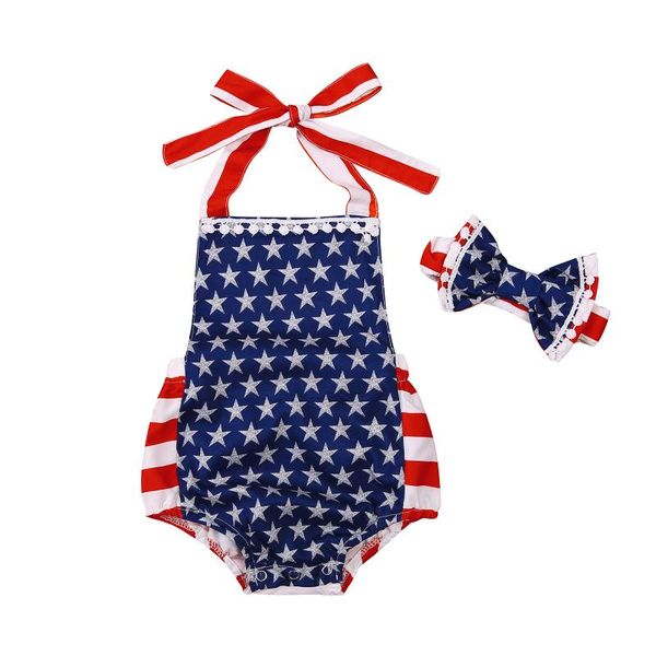 

jumpsuits 2pcs baby independence day outfit star stripe halter neck backless romper + headband suit for toddler girls 0-24 months, Blue