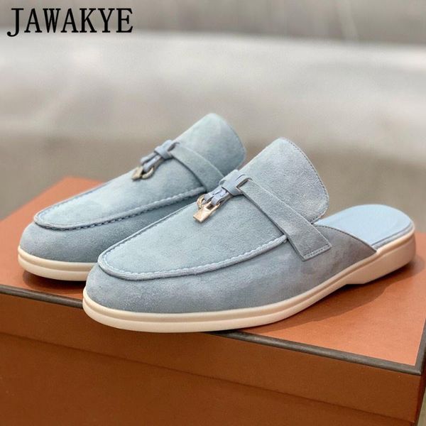 

slippers covered toe suede leather mules kid metal lock flat heel rubber sole casual brand shoes women, Black
