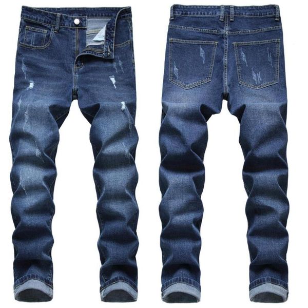 

men's jeans style european and american casual plus size straight pierced trousers fried flower washed 2021, Blue