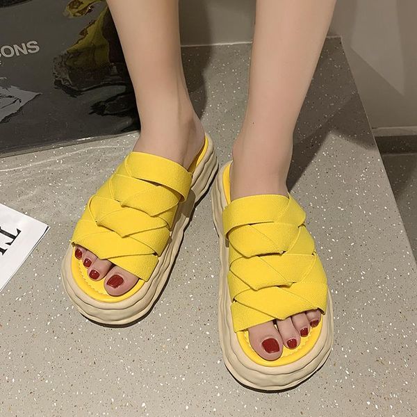 

slippers woven thick-soled flat platform sandals and for women's shoes personality design stretch cloth beach flip flops, Black