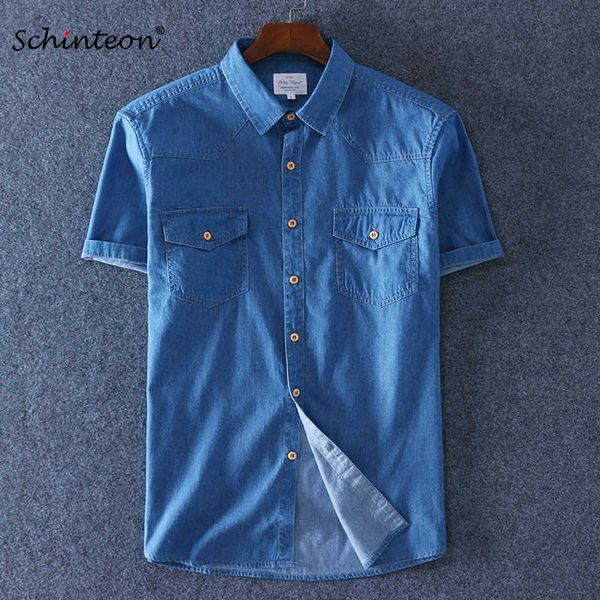 

schinteon summer 100% cotton men short sleeve denim thin shirt soft slim jeans plus size two front pocket 210721, White;black