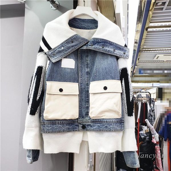 

women's jackets harajuku jacket women streetwear 2021 autumn patchwork knitted shawl large pocket denim coat femme overcoats loose, Black;brown