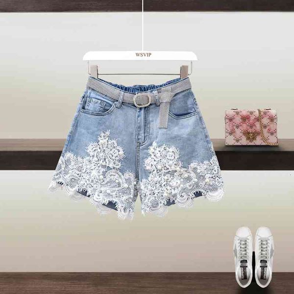 

women's shorts 2021 summer lace patchwork beading diamonds high waist denim shorts women loose femme elastic cotton wide leg jeans, White;black