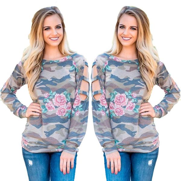 

women's blouses & shirts arrivals women ladies fashion long sleeve hollow out loose floral camo printed summer, White