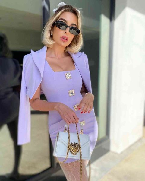 

two piece dress autumn fadhion purple square collar diamonds button slim mini bandage set celebrity evening party 9uh1, White