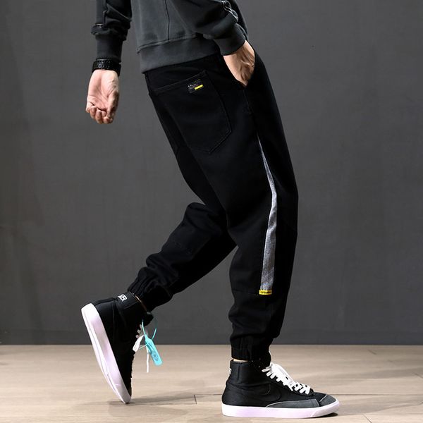 

2021 new fashion streetwear black color loose fit side stripe designer harem pants small leg hip hop jeans men bh0v, Blue