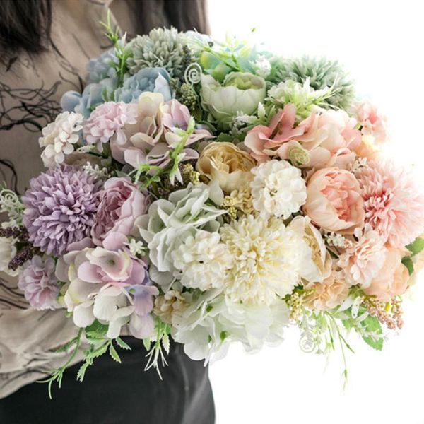 

decorative flowers & wreaths hydrangea artificial wedding bouquet holding silk blooming fake rose for home party table centerpieces decor