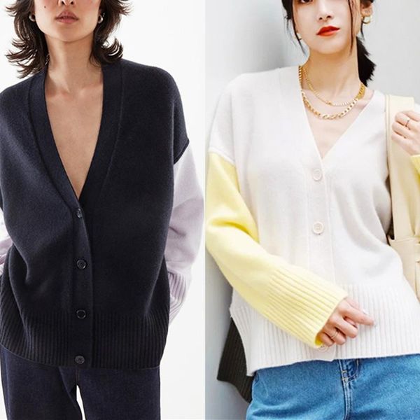 

women's knits & tees autumn winter women knit v-neck cardigans color patchwork cashmere long sleeve fresh single breasted female sweate, White