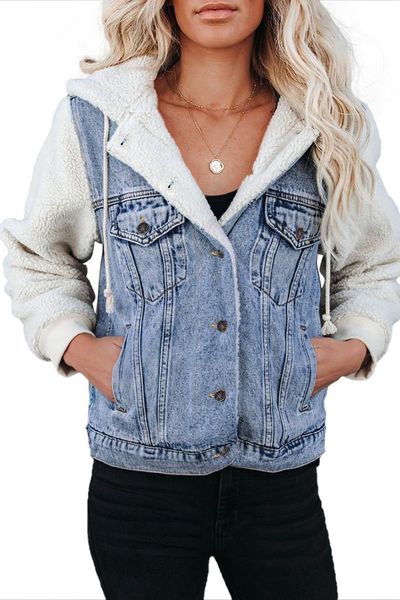 

women's jackets black/sky blue/blue sherpa denim splicing buttoned jacket women autumn winter long sleeve front button jeans, Black;brown
