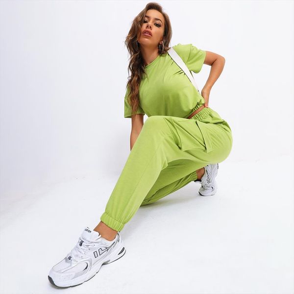 

summer casual solid color womenpant short sleeve tracksuit mid length t shirt long pants sports trousers outfits, White