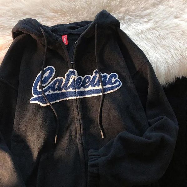 

women's hoodies & sweatshirts zip-up y2k gothic harajuku hooded sweatshirt women letter printed goth grunge coat korean loose long slee, Black