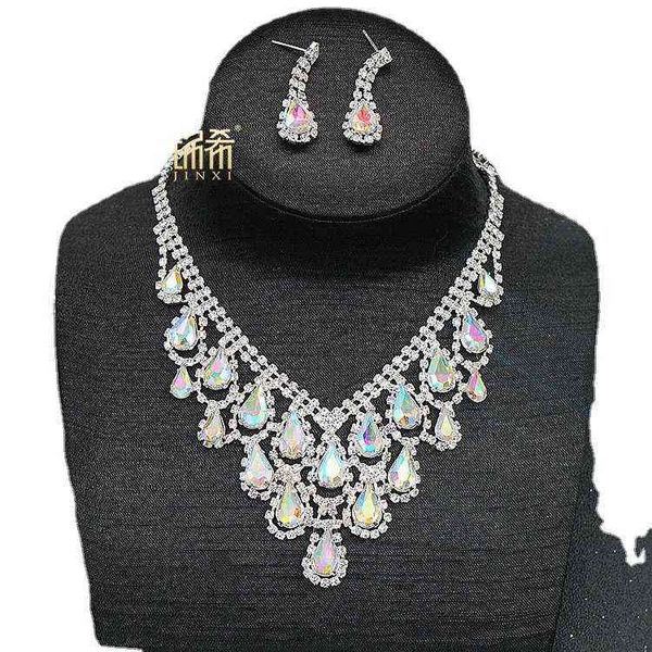 

bridal diamond necklace earrings two piece set exquisite high-grade wedding dress accessories, Silver
