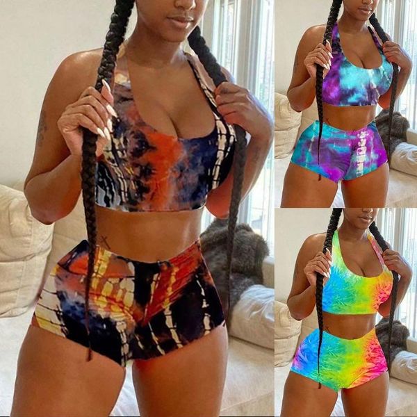 

ladies tie-dyed print seamless yoga set fitness sport suit sleeveless crop high waist shorts workout sportswear suit a20