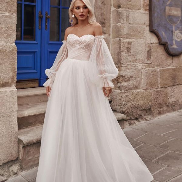 

other wedding dresses elegant a-line dress sweetheart long puff sleeves tulle bridal gowns open back with button custom made for women robe, White