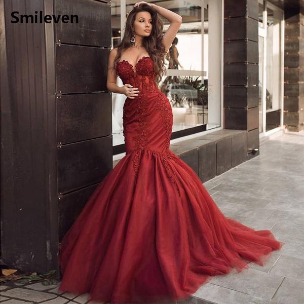 

party dresses smileven dark red mermaid evening gowns seweetheart neck beaded prom 3d appliqued formal dress 2021, White;black