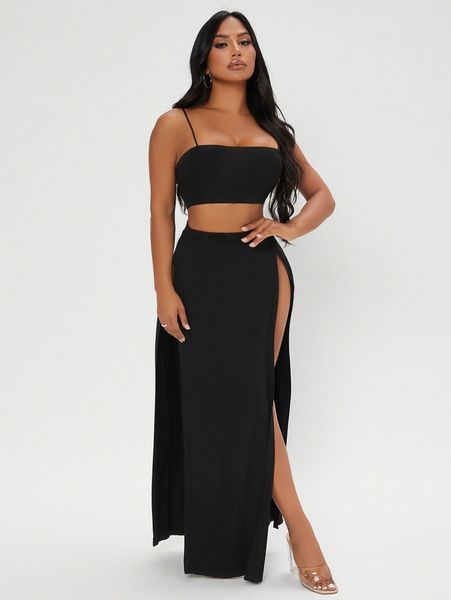 

sxy solid crop cami & slit skirt f4ri#, White