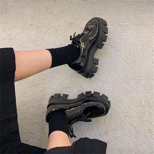 

dress shoes 2021 women shallow pumps platform chunky heels shoelace autumn casual for female brand fashion, Black