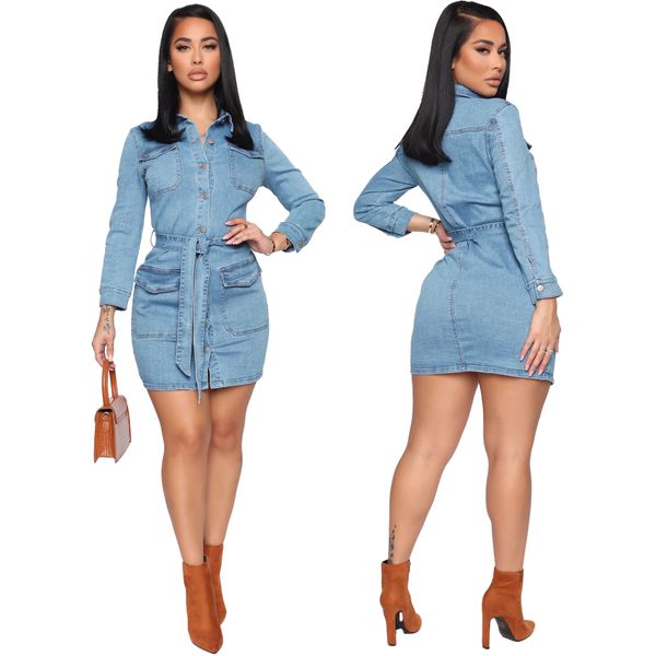 Echoine outono primavera azul denim mini camisa de vestido jeans manga comprida buttun bolso vestidos com cinto y0118