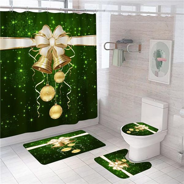

shower curtains green christmas curtain bell print with hooks festival bathroom decoration anti-slip bath mat set rugs toilet lid covers