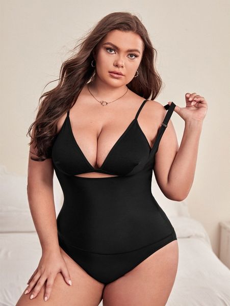 

plus solid shapewear bodysuit v77r#, Black;white
