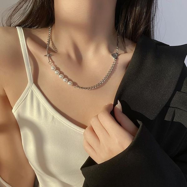 

chokers 2021 trend personality hip hop multilayer necklace for women metal pearl couple pendant silver color chain jewelry, Golden;silver