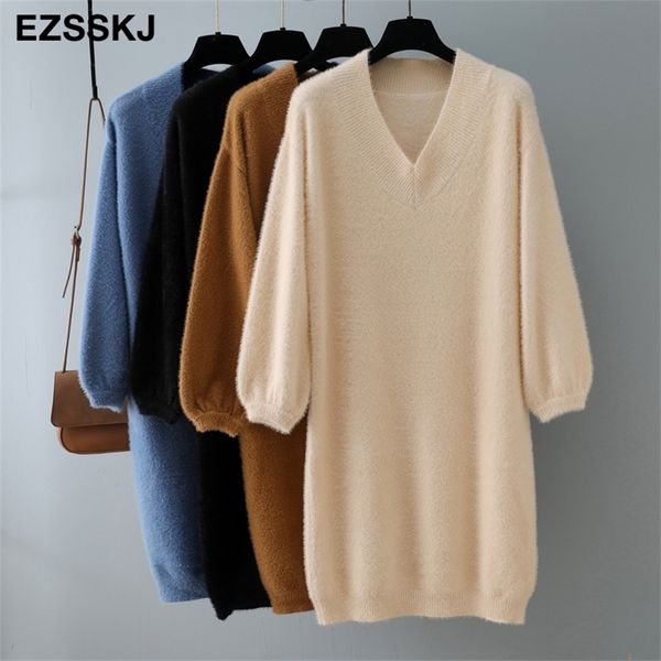 

autumn winter v-neck short lantern sleeve thick sweater fur women loose mini female chic straight dress t200911, Black;gray