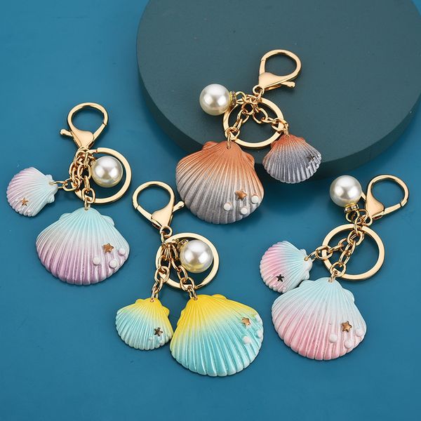 

2021 fashion keychain bohemian shell sea breeze starfish pendant alloy handicraft pendant pearl key ring chain, Slivery;golden