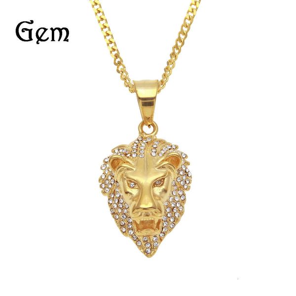 

color retention durable gold plated stainless steel diamond studded lion head pendant hip hop necklace, Silver