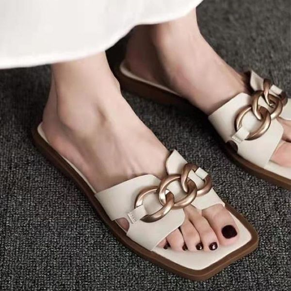 

slippers women summer flip-flops 2021 casual flip flops for home female pu fabric flats metal chain slides, Black