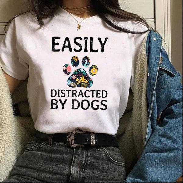 

women printing print graphic dog paw floral cute 90s fashion cartoon clothes lady female t shirt womens t shirt, White