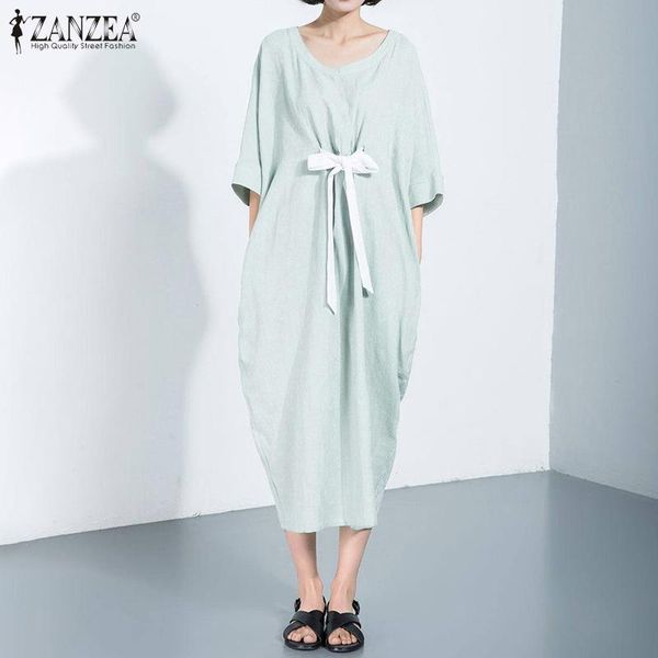 

casual dresses zanzea elegant solid vestido women cotton linen midi dress female summer 3/4 sleeve robe drawstring bow sundress oversize, Black;gray