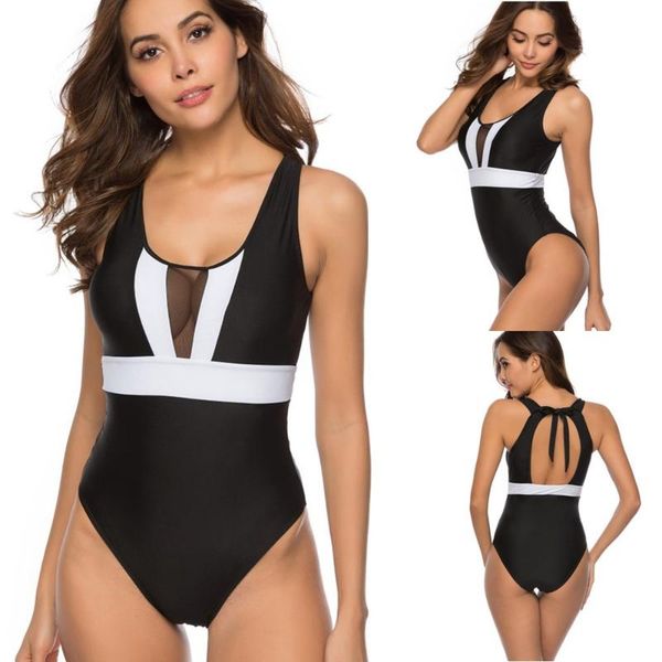one-piece suits black white patchwork mesh sleeveless swimwear women swimming suit lace-up backless seaside sport swimsuit body